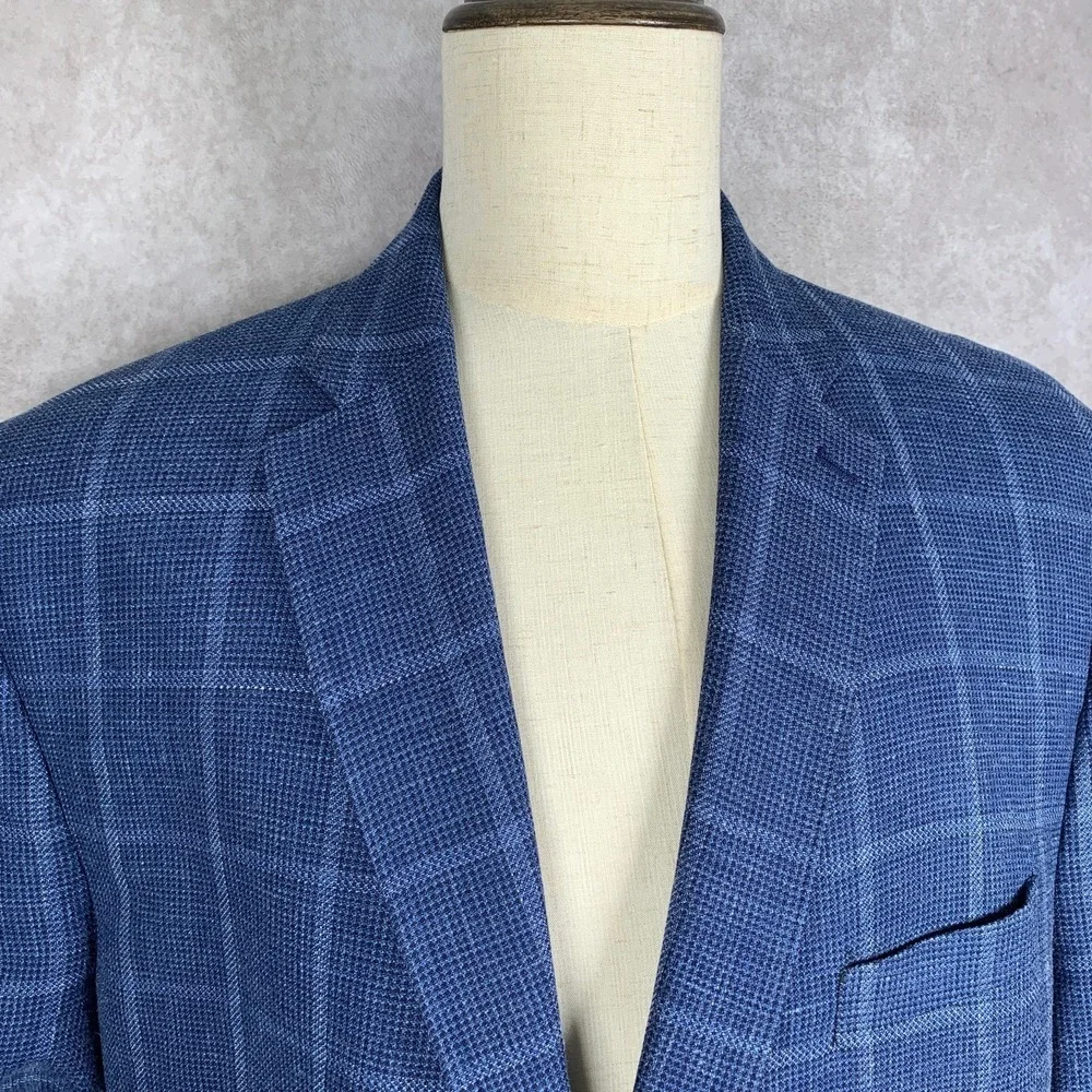 Ermenegildo Zegna Blazer Jacket Men 50R Silk Flax Blue Windowpane Sport Coat - Picture 2 of 16